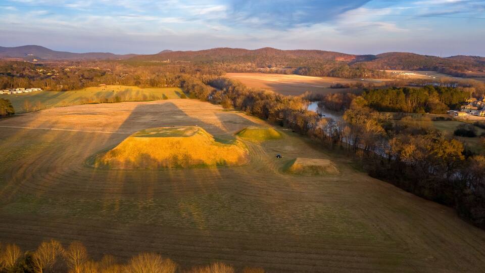 Aerial view of Etowah Indian Mounds Historic Site in Cartersville Georgia