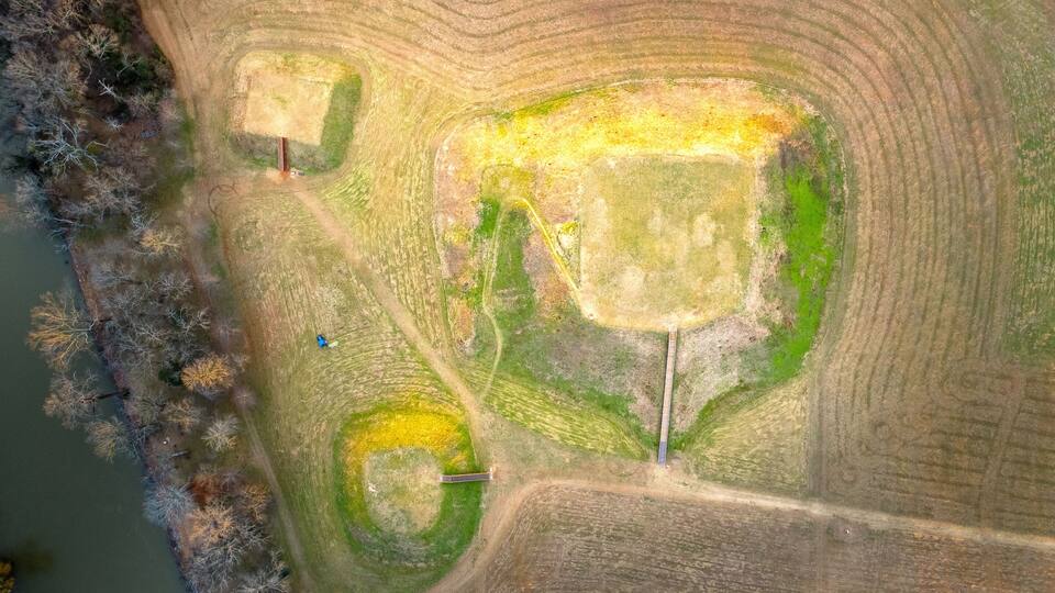 Aerial view of Etowah Indian Mounds Historic Site in Cartersville Georgia