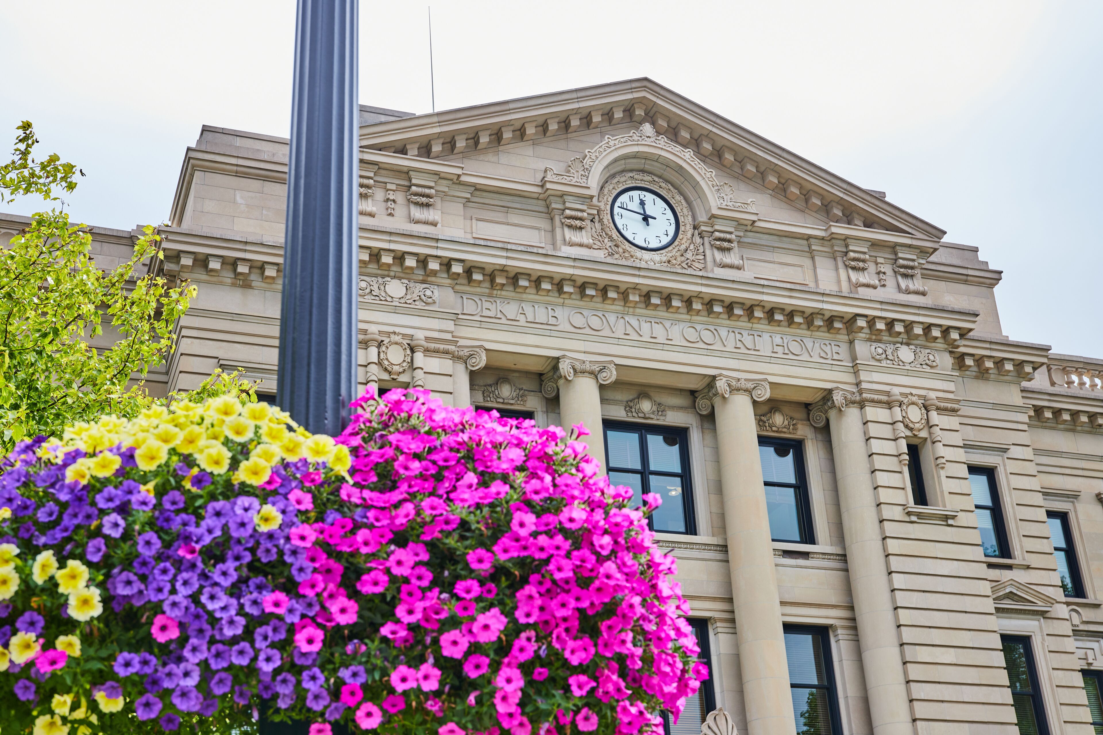 Flowers on lower left with view of Dekalb County Court House with clock approaching noon