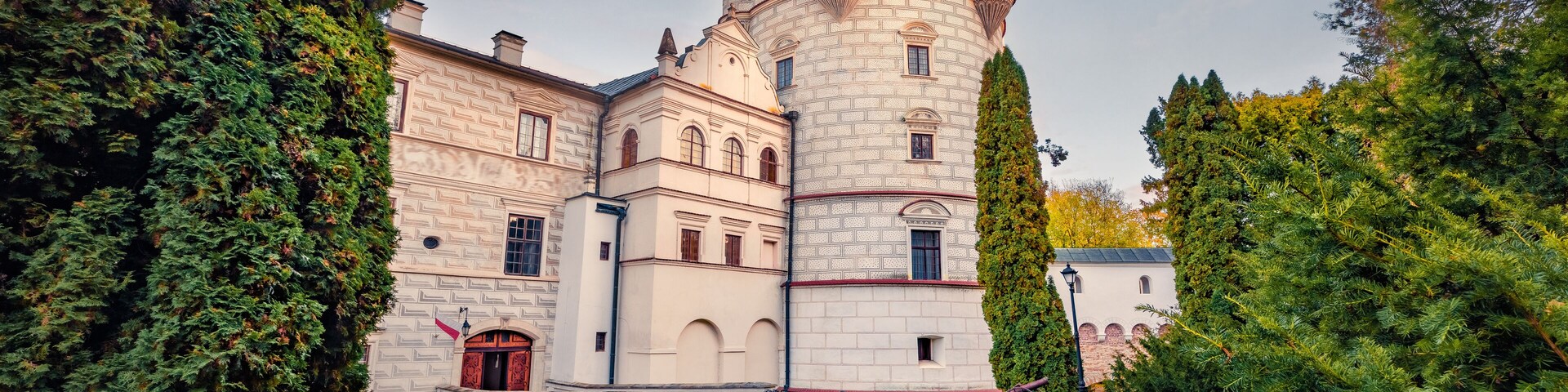 Attractive morning view of Krasiczyn Castle. Spectacular summer cityscape of Krasiczyn, village in Przemysl County, Subcarpathian Voivodeship, in south-eastern Poland, Europe.