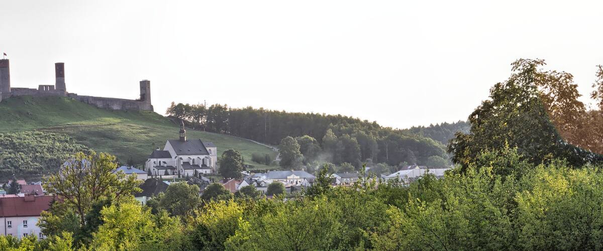 A hilltop castle with towers, a church, and a village below.