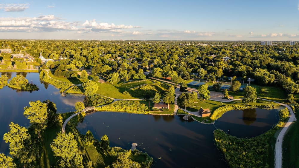 Aerial Sunset View of Northside Park Wheaton Illinois DuPage County Scenic Landscape”