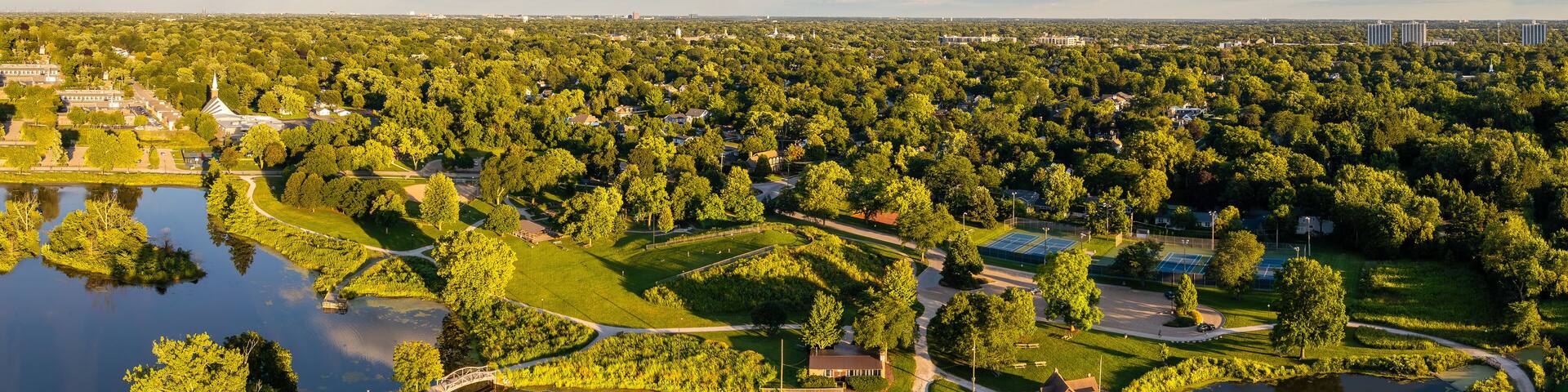 Aerial Sunset View of Northside Park Wheaton Illinois DuPage County Scenic Landscape”