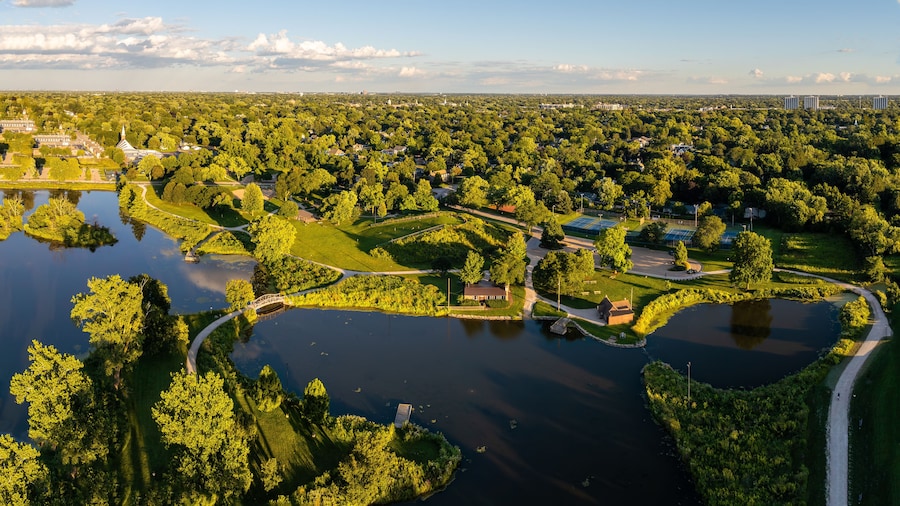 Aerial Sunset View of Northside Park Wheaton Illinois DuPage County Scenic Landscape”