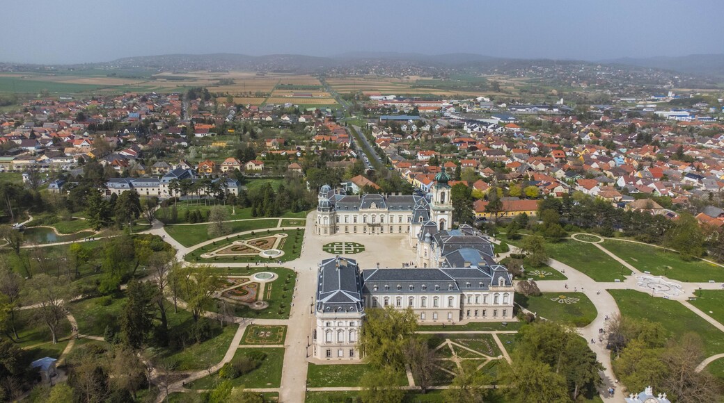 The Keszthelyi Festetics-kastély, or Festetics Palace of Keszthely, is a magnificent Baroque palace located in Keszthely, Hungary, on the shores of Lake Balaton captured from a drone