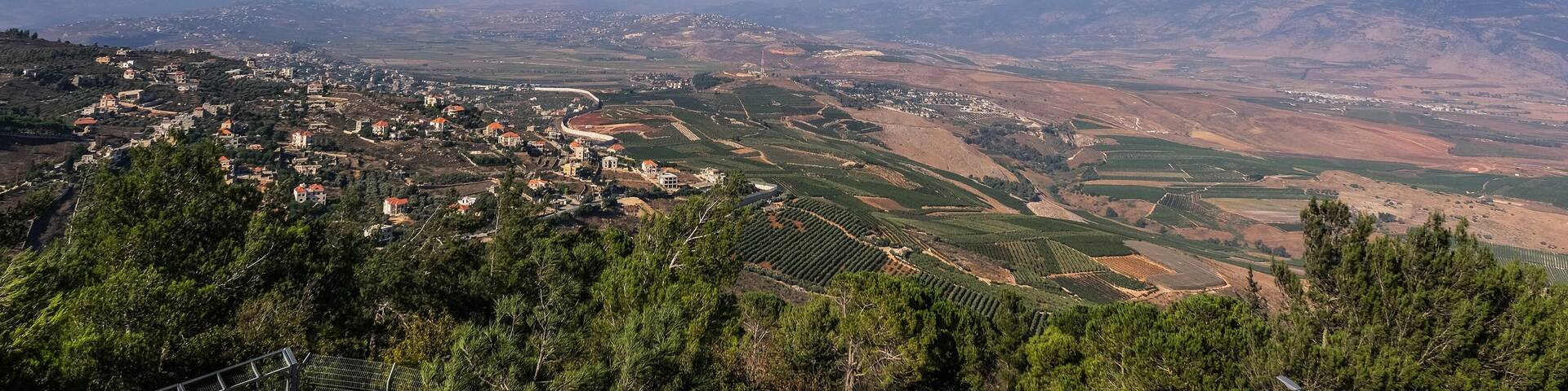 View of Southern Lebanon and Northern Israel with the concrete wall built along the international border, as seen from kibbutz Misgav-Am lookout point, Upper Galilee, Israel.