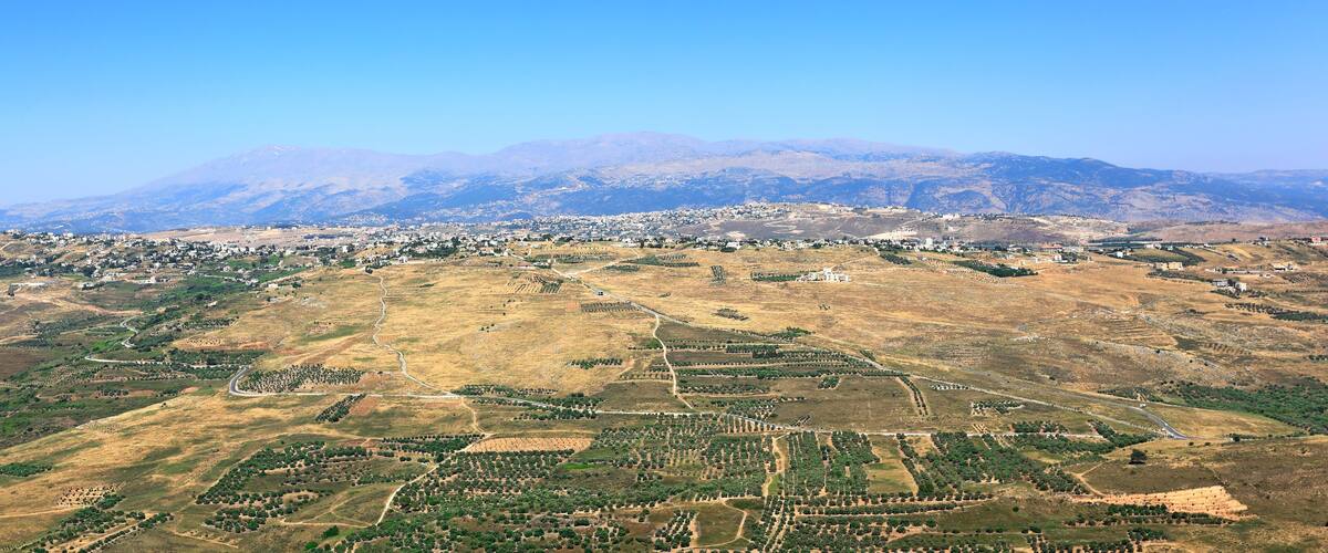 Lebanon: View from the remains of Beaufort crusader fort onto the Litani river valley and Mt Hermon.
