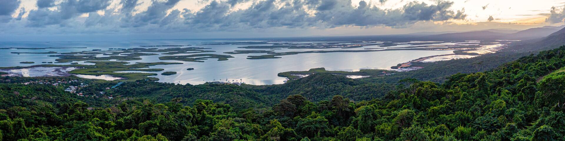 Panoramic aerial view of mangrove forests at sunset in Morrocoy National Park , Venezuela.