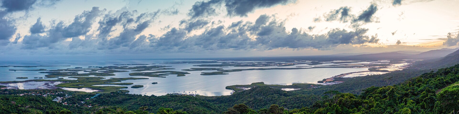 Panoramic aerial view of mangrove forests at sunset in Morrocoy National Park , Venezuela.