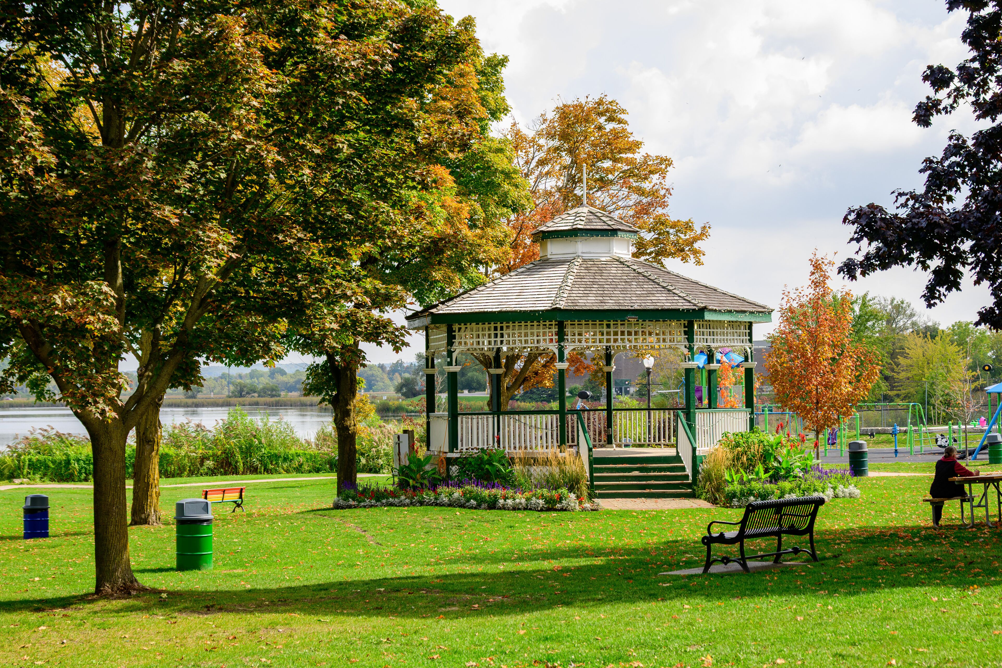 Gazebo bandstand in waterfront park shot in Port Perry Ontario  on a sunny September afternoon. 