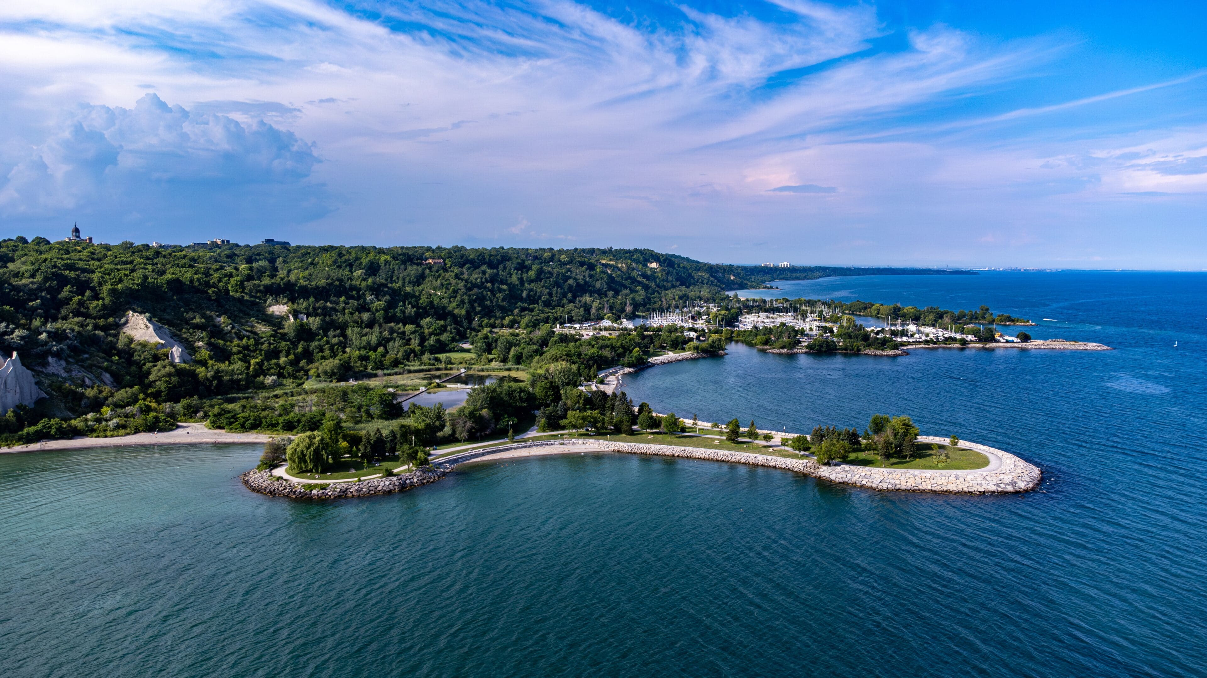 Aerial view of Scarborough Bluffs in the Scarborough district of Toronto.