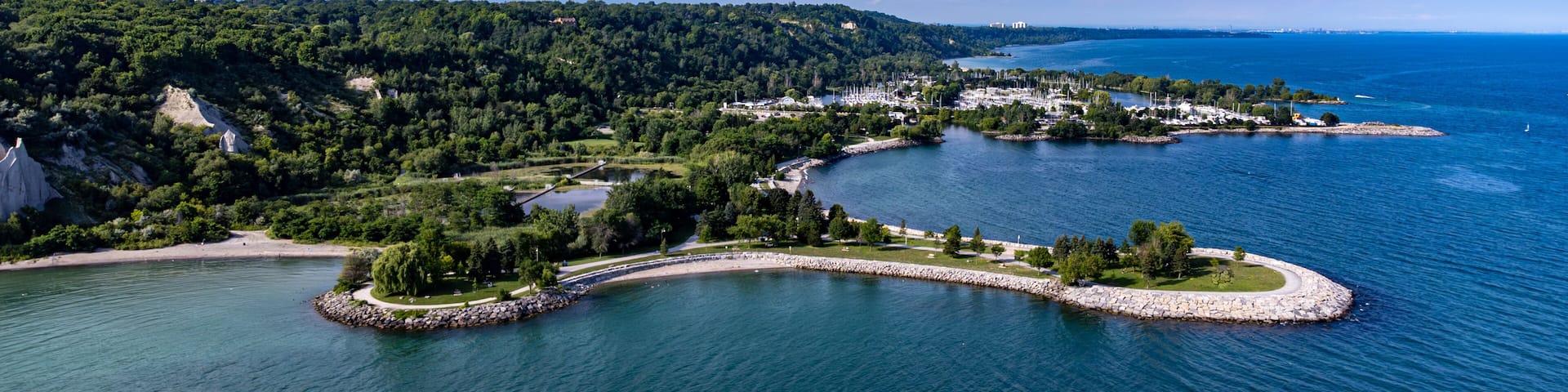 Aerial view of Scarborough Bluffs in the Scarborough district of Toronto.