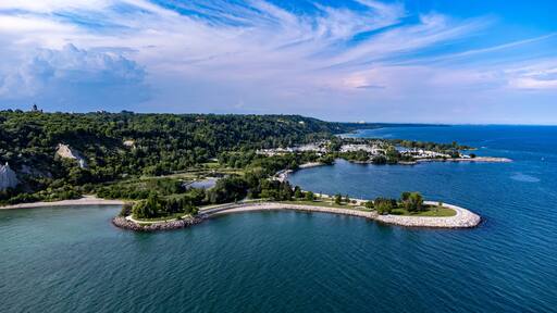 Aerial view of Scarborough Bluffs in the Scarborough district of Toronto.
