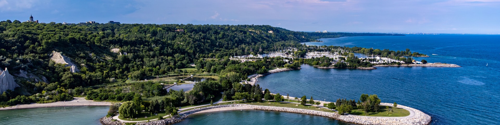 Aerial view of Scarborough Bluffs in the Scarborough district of Toronto.