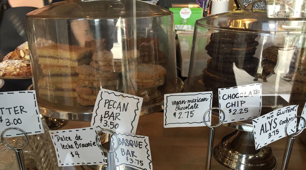 Delicious treats and coffee. Try the peanut butter cookie sandwich.