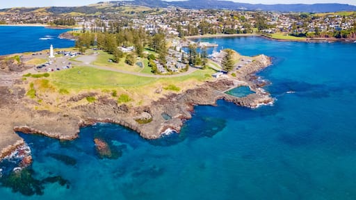 Panoramic aerial drone view at Kiama on the New South Wales South Coast, Australia showing Kiama Lighthouse on a sunny day