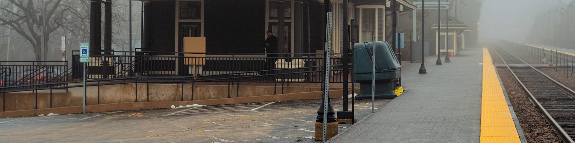 The Metra station on a foggy day