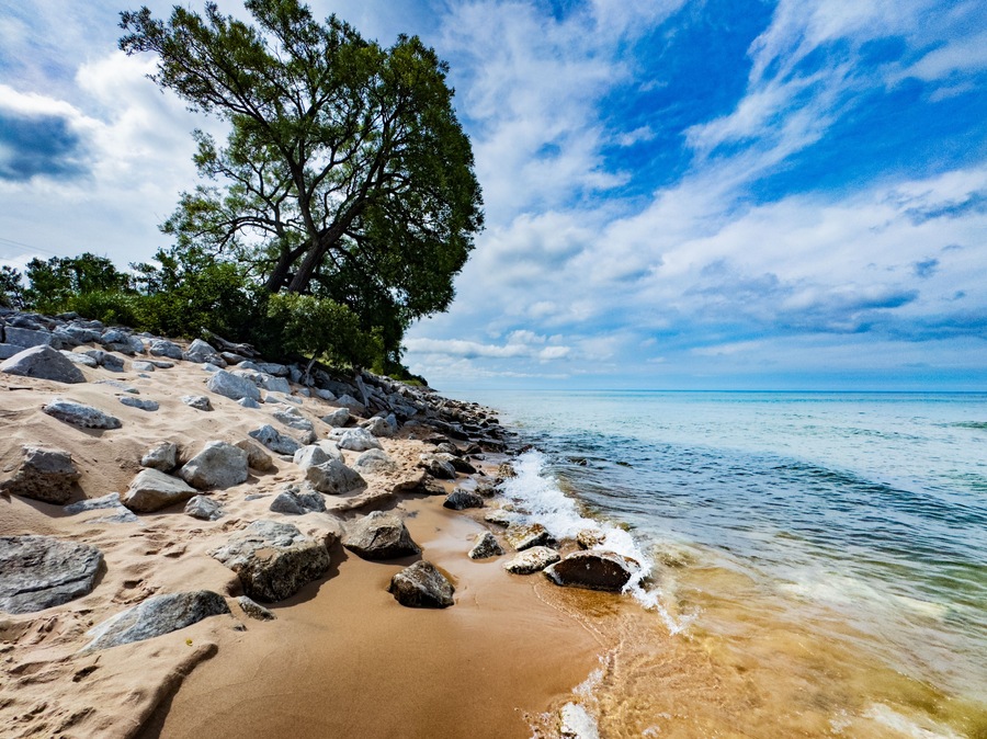 Scene along the public lakeshore of Duck Lake near Whitehall, Michigan