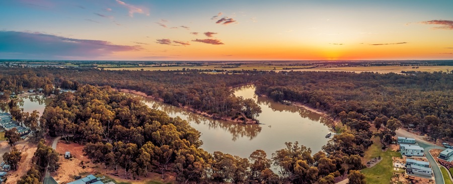 Murray River bend at sunset - aerial panorama