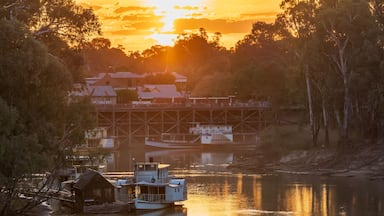 A river with a boat docked near a bridge, surrounded by trees and buildings.