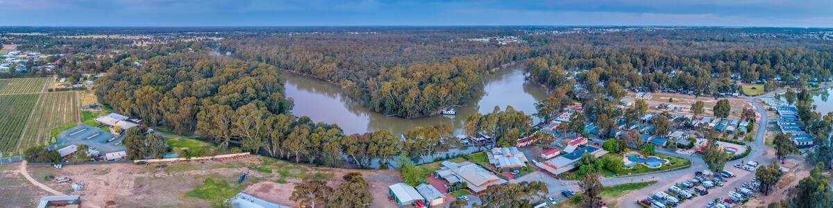 Murray River winding through native vegetation in Moama, New South Wales, Australia