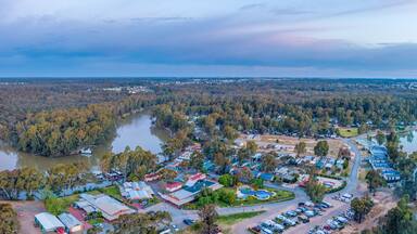 Murray River winding through native vegetation in Moama, New South Wales, Australia