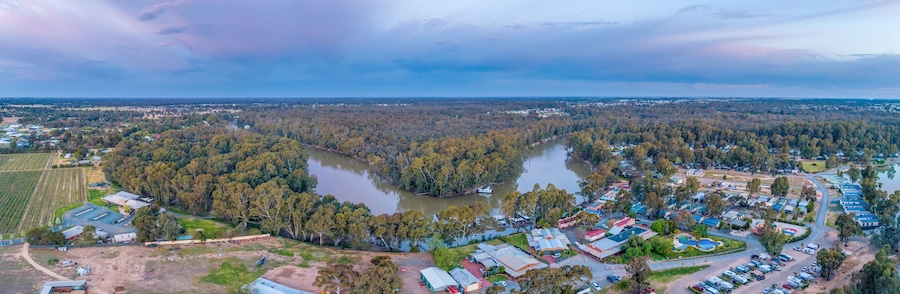 Murray River winding through native vegetation in Moama, New South Wales, Australia