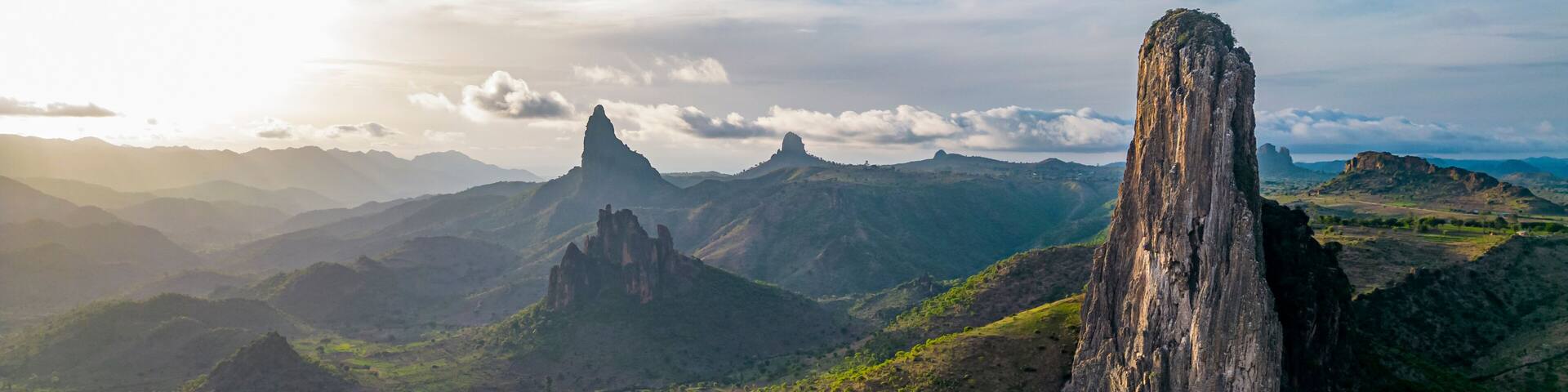 Aerial of Rhumsiki peak in the lunar landscape of Rhumsiki, Mandara mountains, Far North province, Cameroon, Africa