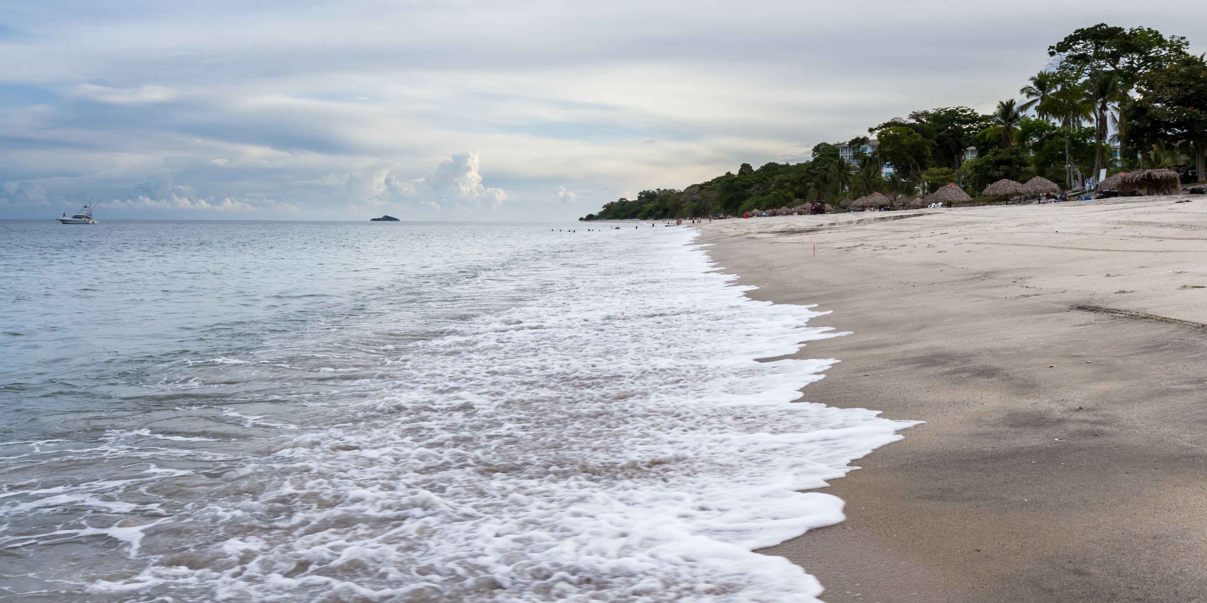 A beach with waves, a boat, and palm trees.