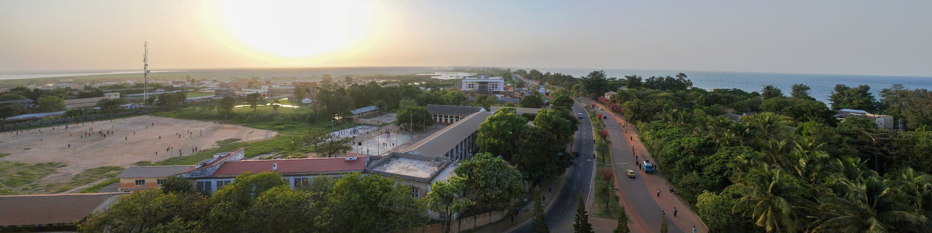 Aerial panorama view to city of Banjul and Gambia river, Gambia