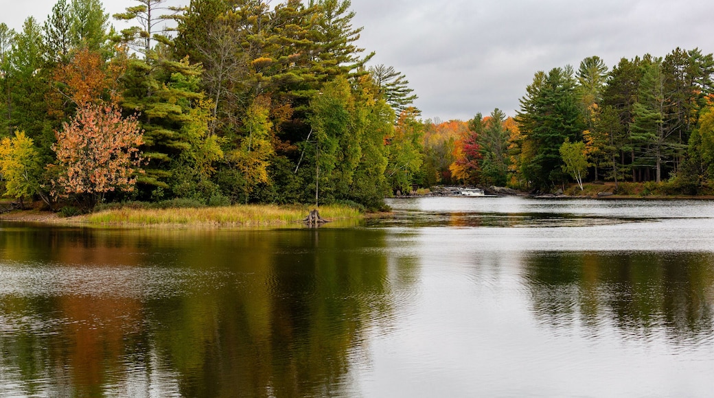 Waterfalls flowing into Lake of the Falls in Mercer, Wisconsin in September