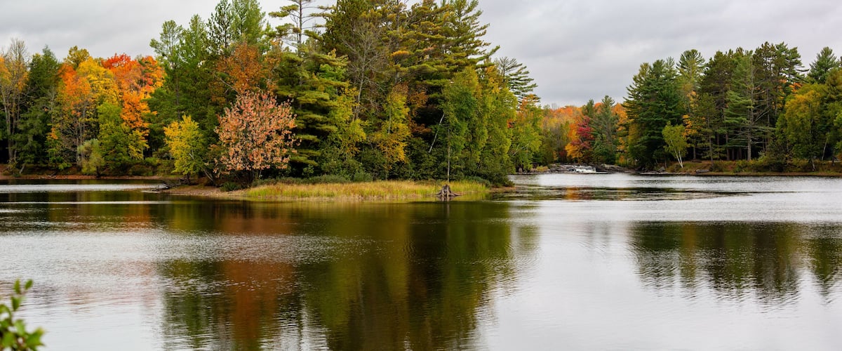 A calm lake surrounded by autumn-colored trees and a cloudy sky.