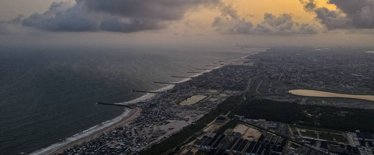 An aerial image of the city of Lekki, Lagos showing the coast line