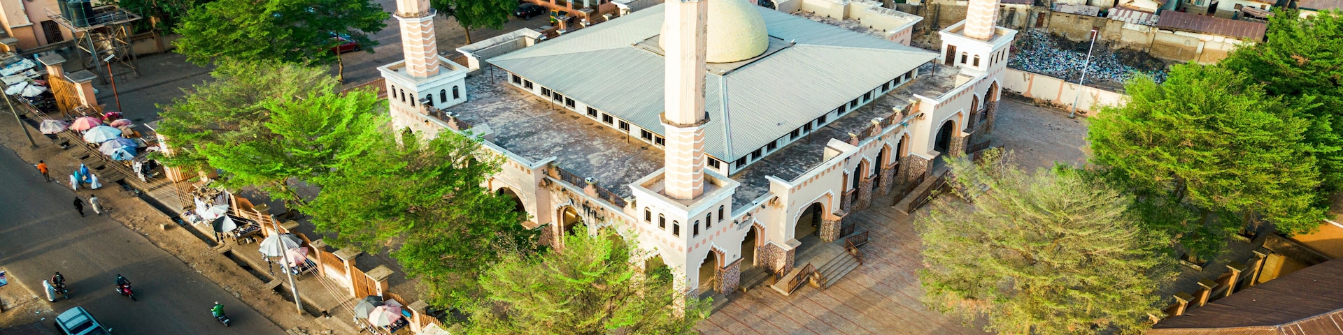 Aerial view of Shiek Dahiru Usman Bauchi Mosque in a beautiful urban landscape with historic architecture, Tudun Nupawa, Kaduna South, Kaduna State, Nigeria.