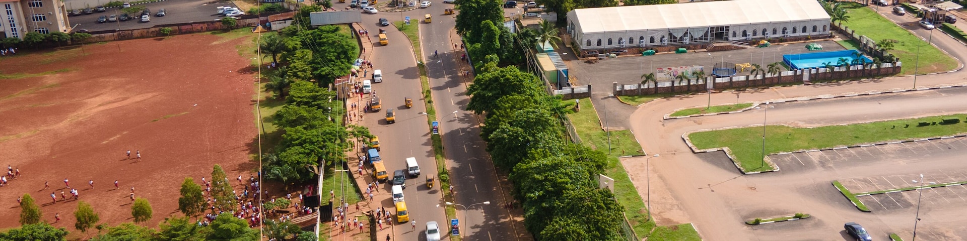 An aerial image of the city of Enugu showing major shops and businesses