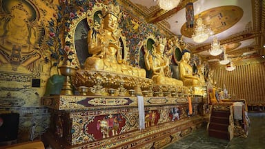 Golden buddha statues in the modern tibetan monastery in Dakshinkali, Nepal