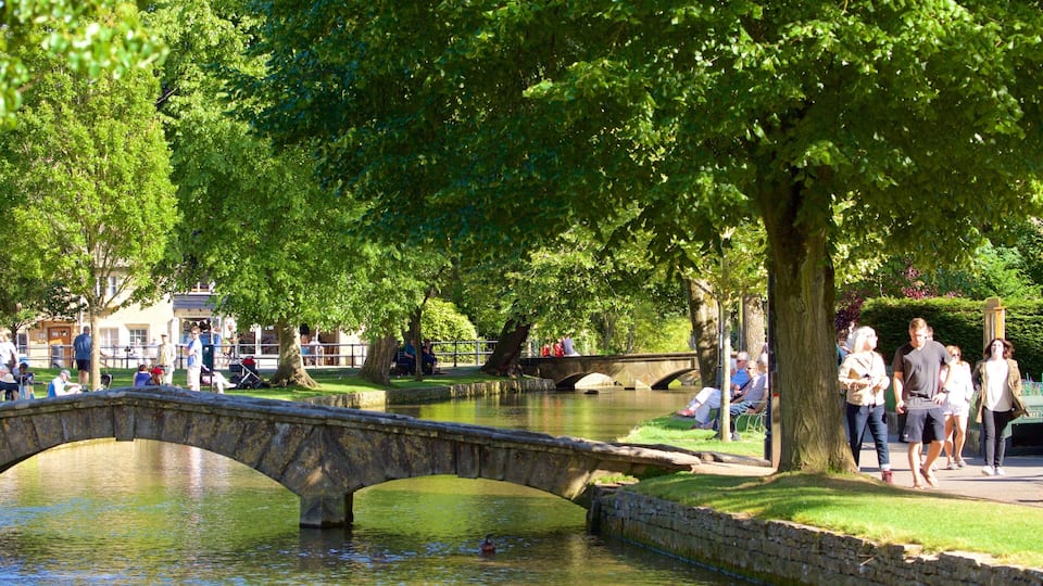 A stone bridge over a calm river, surrounded by lush green trees and a park with people walking and sitting.