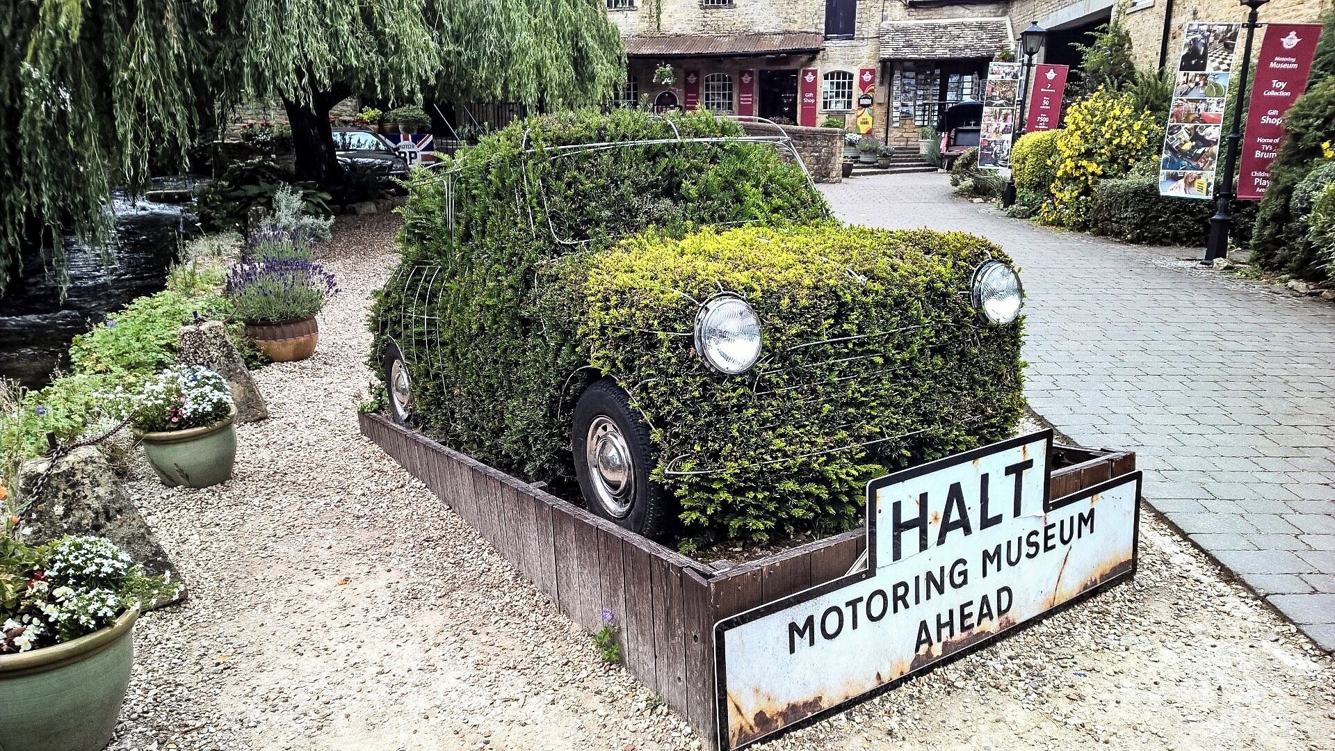 Very cool town in the Cotswolds. This car is at the entrance to the car museum in Bourton on The Water.