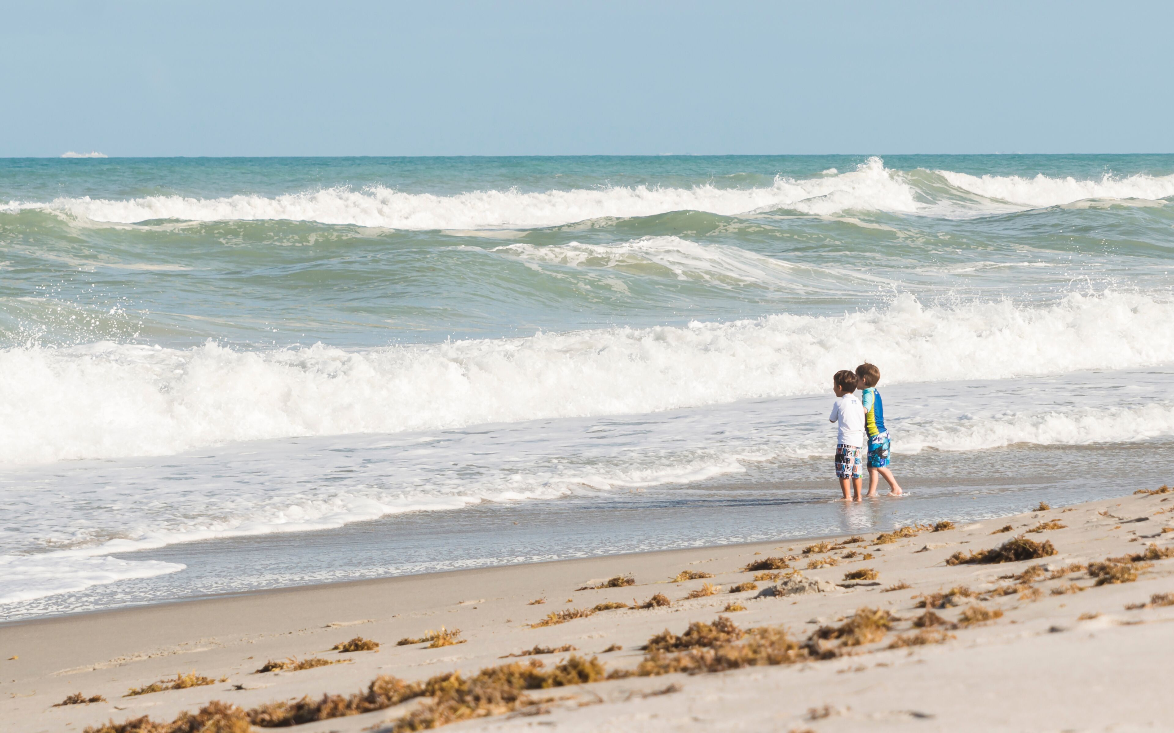 Siblings standing on shore at beach against clear sky