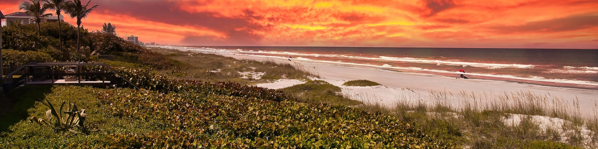 Una playa con vegetación exuberante en primer plano y un cielo de atardecer espectacular.