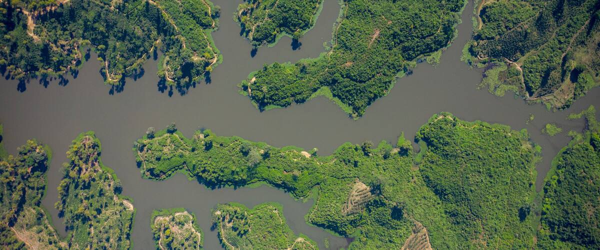 An aerial view of a river with multiple islands surrounded by dense green forest.