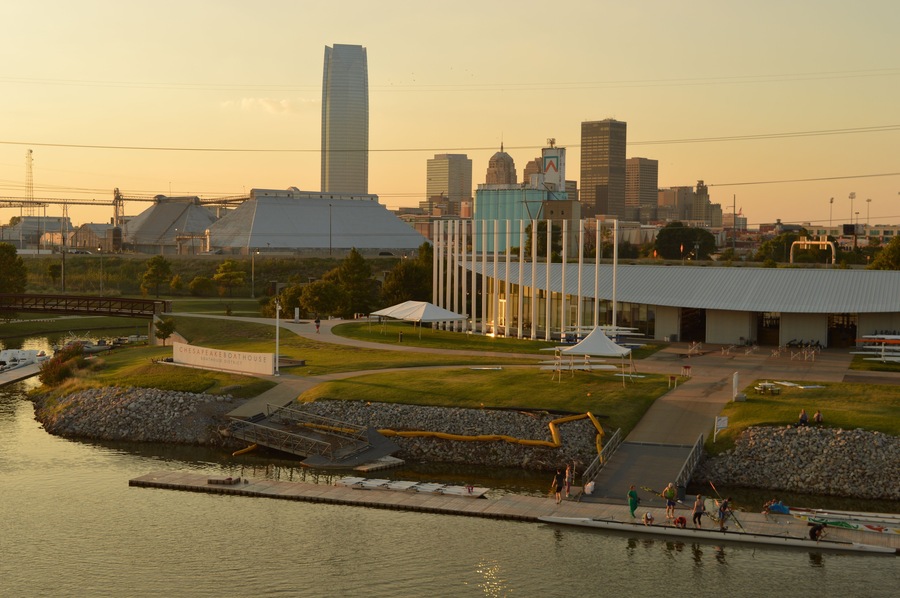 The riverside and architecture in Oklahoma City in the Midlands, United States