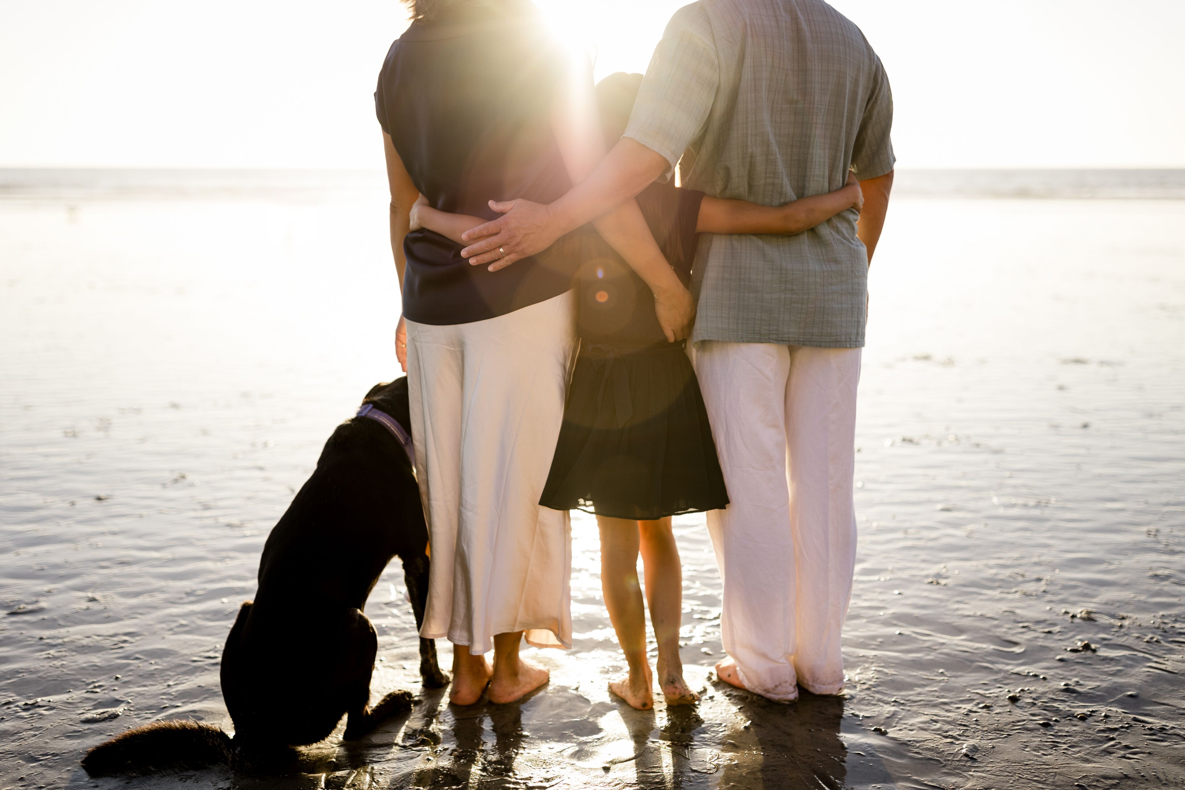 Family of Three & Dog on Beach at Sunset in San Diego