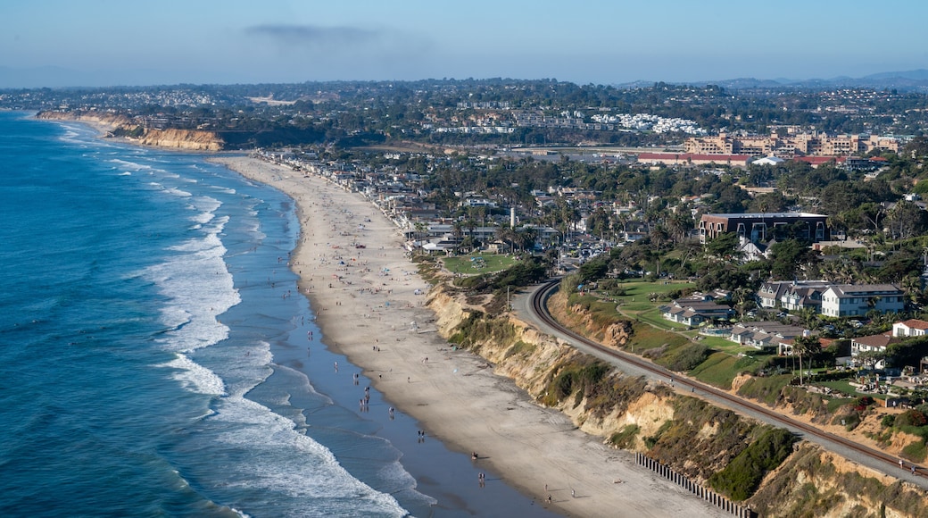 Aerial view Powerhouse park, train tracks, and coastline in San Diego California along the Del Mar bluffs
