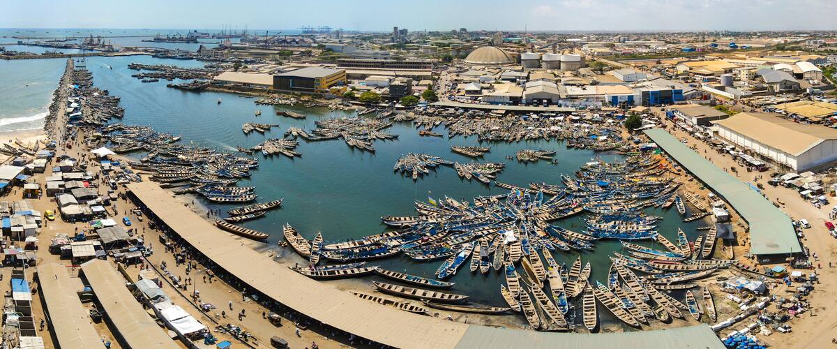 Aerial view of Tema harbour, Accra, Ghana.