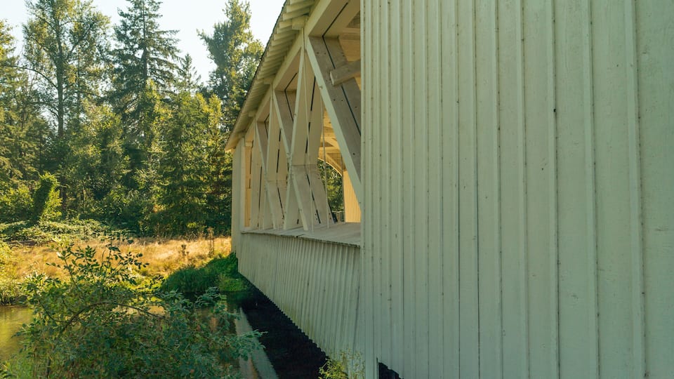 A wooden bridge with a triangular design, surrounded by lush greenery and trees.