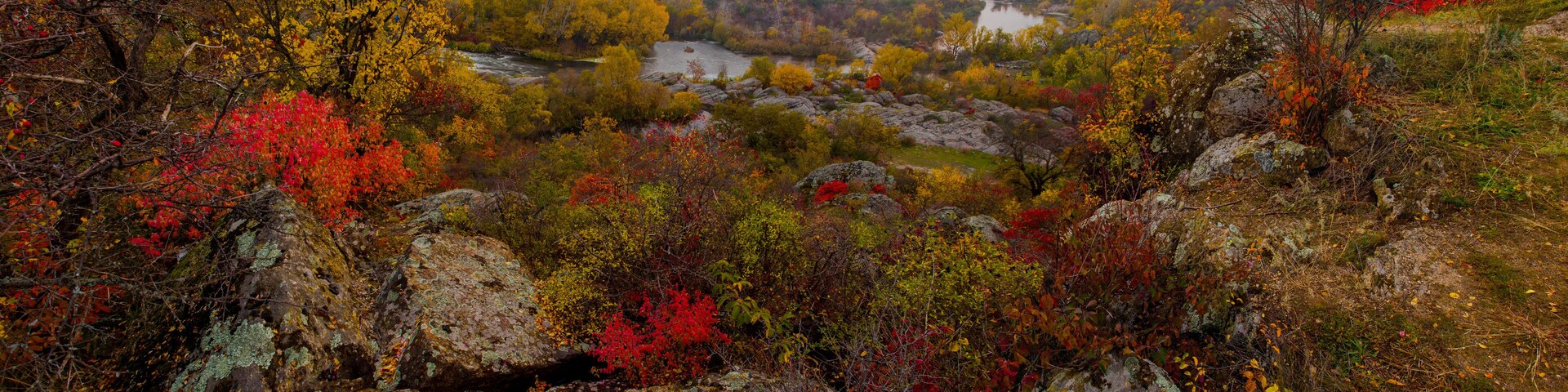 Migea panorama of a mountain river in late autumn