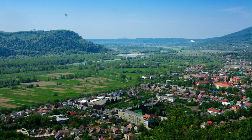 A town nestled in a valley surrounded by green fields and hills.