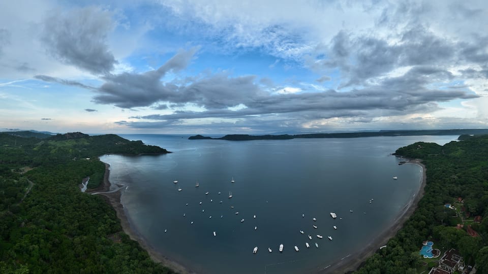 A panoramic view of a coastal landscape with a large body of water, numerous boats, and dense greenery.
