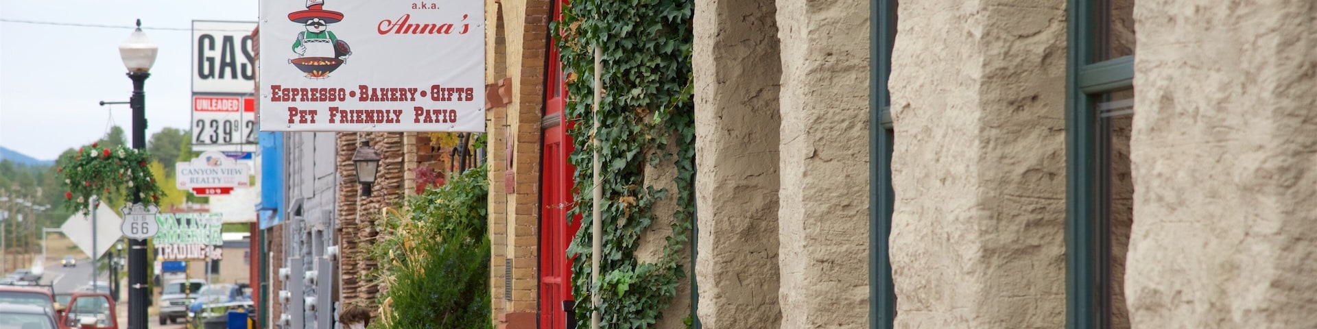 A street with a coffee shop named Grand Canyon Coffee & Cafe LLC, a gas station, and a red building with ivy.